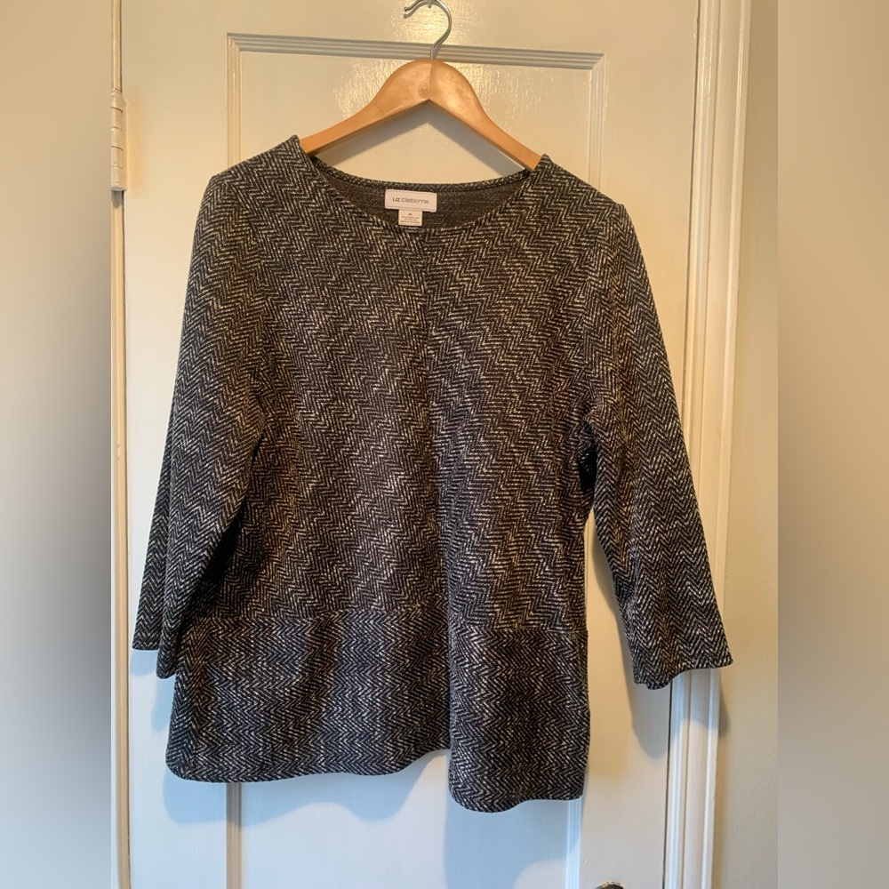 Liz Claiborne Classic Black &Tan Herringbone Pullover Top Size XL Corporate Wear